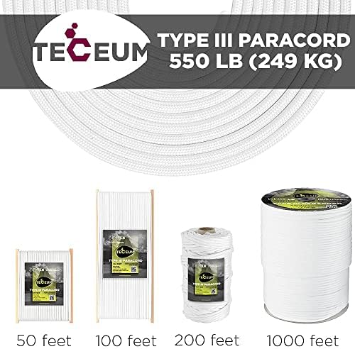 TECEUM 5/32" Paracord Rope 1000 – 1000ft / 200ft / 100ft / 50ft – Tactical Parachute Cord 4mm – 45+ Colors – Nylon String for Survival & Camping Gear – Stripe Cord for Survival – Utility Rope