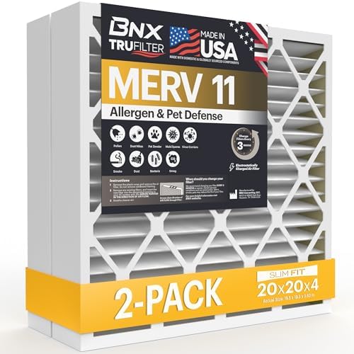 BNX TruFilter 20x20x4 (19.5’’ x 19.5’’ x 3.63‘’ Slim Fit) MERV 11 Air Filter 2-Pack - MADE IN USA - Air Conditioner Furnace Filters HVAC AC Furnace Filters for Dust, Pet, Mold, Pollen MPR 1200 FPR 7