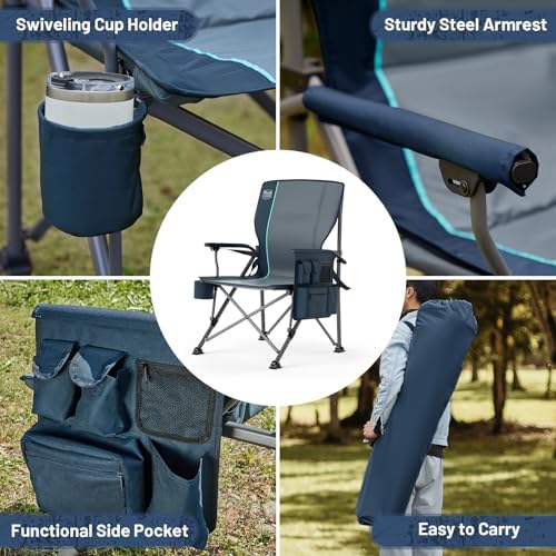 TIMBER RIDGE Oversized Folding Camping Chair with Lumbar Support Adjustable High Back Heavy Duty for Adults Support up to 500lbs with Cup Holder, Cooler Bag, Side Pocket, Blue