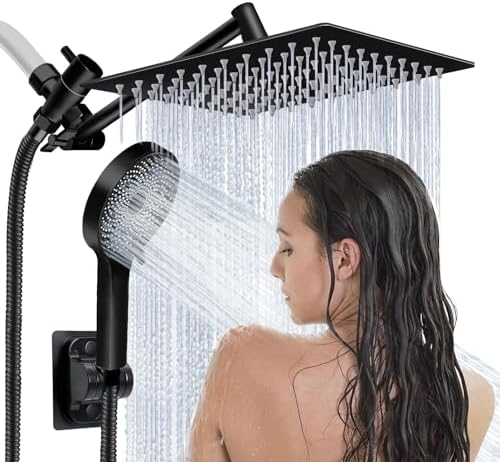 Shower Head,10”Rain Shower Head with Handheld Spray Combo and Adjustable Extension Arm/3-Way Flow Regulator/Shower System,High Pressure Rain Fall Hose,Matt Black