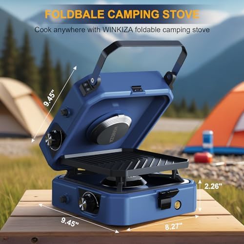 Upgraded WINKIZA 2 Burner Propane Camping Stove with Grill, Foldable Camp Stove with 16,000 BTU, Two Adjustable Burners with Piezo Ignition & Easy Carrying Handle, Portable Stove for Camping, BBQ