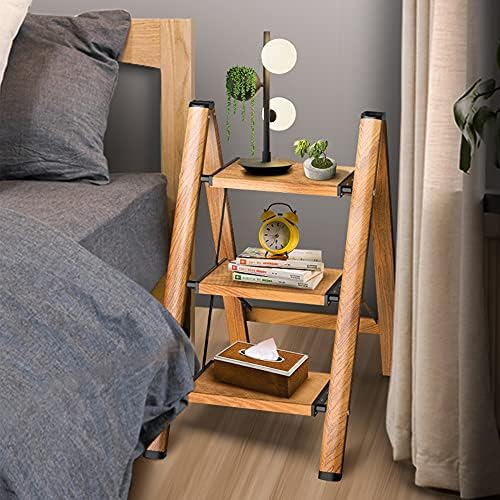 3 Step Ladder, Folding Step Stool with Anti-Slip Wide Sturdy Pedal and Handgrip, Multi-Use for Home and Kitchen Use, Space Saving-Woodgrain(300 lbs Capacity)