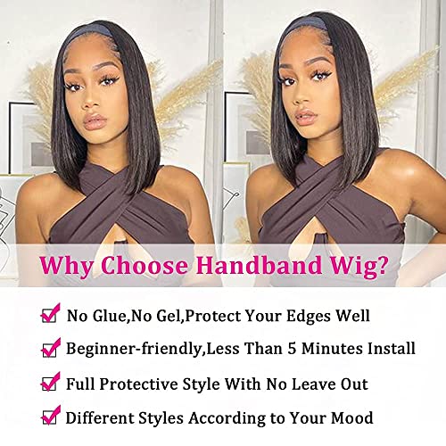 AISI Bob Headband Wig Human Hair Short Straight Headband Wigs Remy Hair Easy Wear and Go Glueless Wigs Bob Headband Wigs for Women Black Color(150% Density 12Inch)