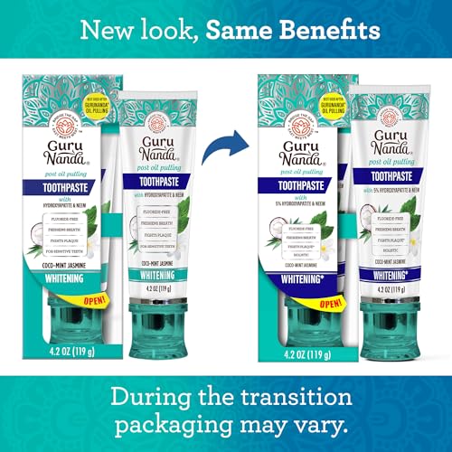 GuruNanda Hydroxyapatite Toothpaste, SLS & Fluoride Free (4 Pack), Whitening Toothpaste - Freshens Breath, Fights Plaque - with 2 Toothbrushes, 2 Tongue Scrapers & 2 Tube Squeezers