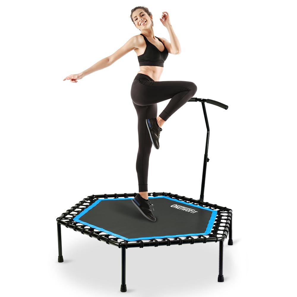 ONETWOFIT 48" Silent Mini Trampoline with Adjustable Handle Bar Fitness Trampoline Bungee Rebounder Jumping Cardio Trainer Workout for Adults Blue