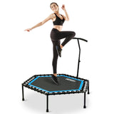 ONETWOFIT 48" Silent Mini Trampoline with Adjustable Handle Bar Fitness Trampoline Bungee Rebounder Jumping Cardio Trainer Workout for Adults Blue
