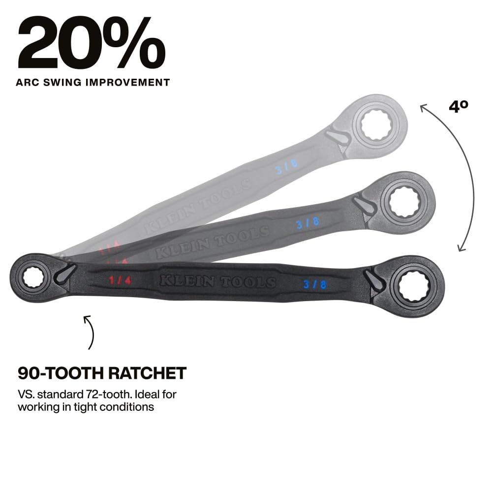 KLEIN TOOLS 68214 4-in-1 Reversible Ratchet Wrench, Box Wrench, SAE Hex Sizes 1/4, 5/16, 3/8, and 7/16-Inch, 90-Tooth Ratchet, Pass-Through Design