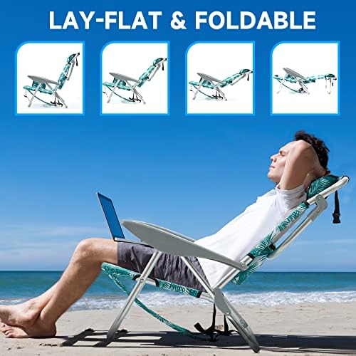 Portable Beach Chair for Adults, Outdoor Lightweight Camping Chair Lay Flat Folding Backpack Beach Reclining Chair with 4 Positions, Headrest, Cooler Pouch, Cup Holder