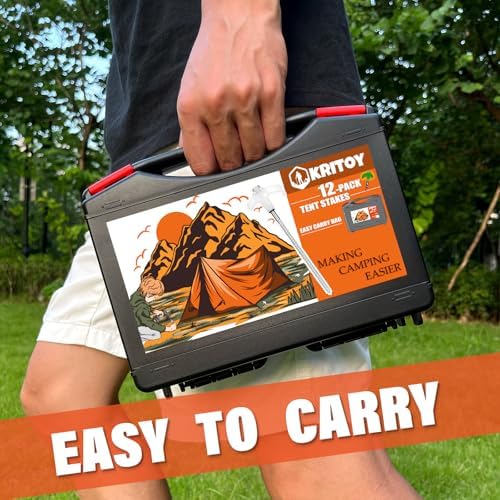 12 Pack Tent Stakes Heavy Duty - 8" Ground Anchors Screw in - Camping Stakes with Grow in The Dark Heads - Metal Threaded Tent Spikes with Hex Head Driver and Storage Box