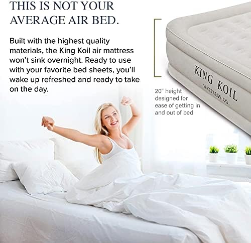 King Koil Luxury Built-in Pillow Top Queen Air Mattress with Built-in High-Speed Pump Best for Home, Camping, Guests, 20" Queen Size Double High Airbed, Blow Up Mattress, Waterproof, 1-Year Warranty