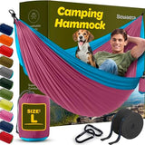 Durable Hammock 500 lb Capacity, Nylon Camping Hammock Chair - Double or Single Sizes w/Tree Straps and Attached Carry Bag - Portable for Travel/Backpacking/Beach/Backyard (Large, Fuchsia & Sky Blue)
