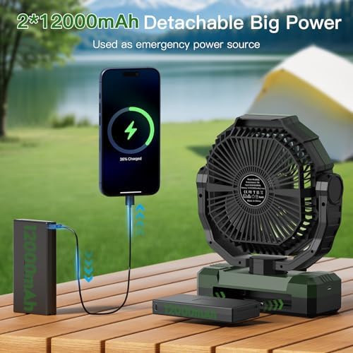 FRIZCOL 3-in-1 Camping Fan - Portable Fans Rechargeable - 24000mAh 9-Inch Battery Powered Fan(140Hrs) with Light & Remote for Indoor, Outdoor, Tent, Travel, BBQ, Fishing, Jobsite - Green