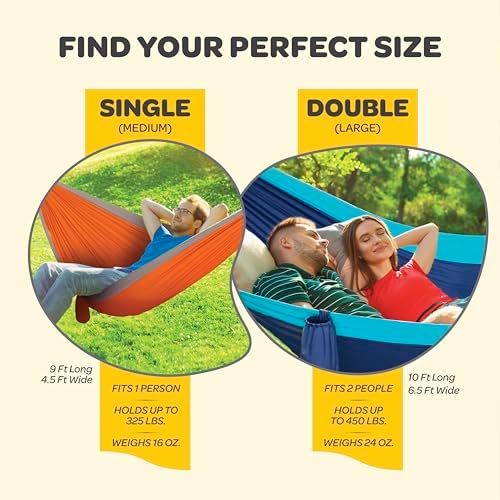 Durable Hammock 400 lb Capacity, Nylon Camping Hammock Chair - Double or Single Sizes w/Tree Straps and Attached Carry Bag - Portable for Travel/Backpacking/Beach/Backyard (Medium, Yellow & Blue)