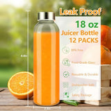 Zukro Glass Water Bottles with Lids 18 oz, Reusable Clear Juice Bottles With Stainless Steel Airtight Cap for Juicing, 100% Leak Proof Juice Drinking Jar for Refrigerator, BPA Free, Set of 12