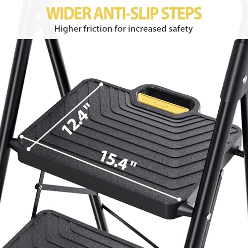 KINGRACK 3 Step Ladder, Sturdy Steel Step Stool with Anti-Slip Wide Pedals, Handrail, Safe-Lock Design, Pass 800lbs Load Testing, Folding Portable Ladder for Multi-Purpose, Home, Kitchen, Black