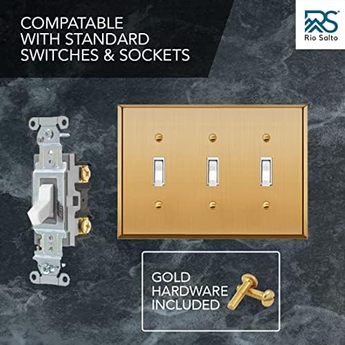Rio Salto BRASS Metal Gold Triple Toggle Light Switch Metal Wall Plate 3-Gang Toggle Wallplate Cover Wall Plate Light Switch Covers 1-Pack Standard Size