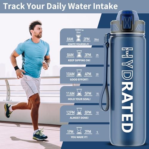 Water Bottle with Straw, 32oz Motivational Water Bottles with Time Marker to Drink, Tritan BPA Free, 1L Sports Water Bottle with Carry Strap LeakProof for Women Gym Fitness Outdoor (1 Pack)