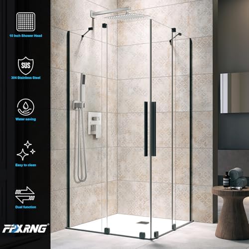 Shower Faucet Set Bathroom Square Rain Shower Head and Handle Set, Wall Mounted Shower Fixtures, Full Metal Trim Repair Kit 12 inch Brushed Nickel (With Shower Valve)