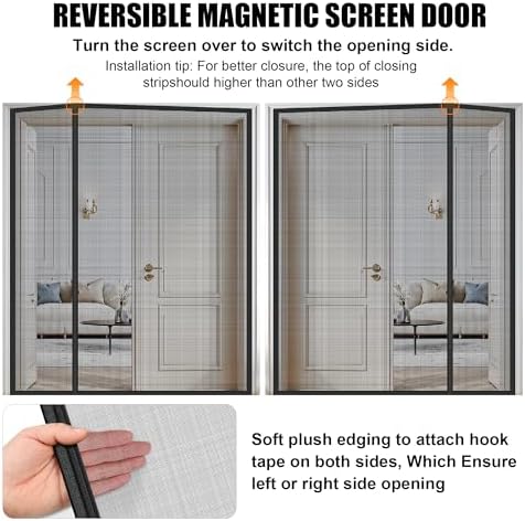 Magnetic Screen Door 72 x 80 in, Thicker 265g/㎡ Mesh, Reversible Left Right Side Opening Wide Magnetic Screen Door, Upgraded-Model Full Strip Magnets for Sliding & French Doors