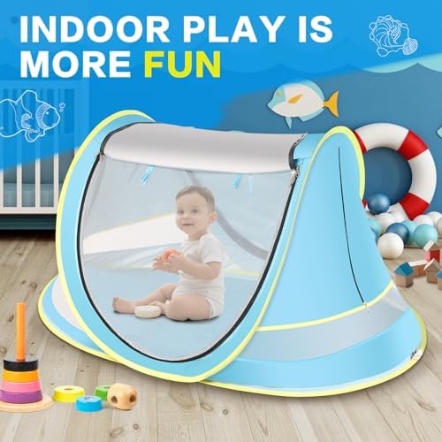 Baby Beach Tent with Baby Hat, Pop Up Toddler Travel Tent with Sun Hat for Boys or Girls, Sun Shade for Toddler Camping, Infant Portable Sun Shade, Summer Beach Baby (Blue Baby Tent with Hat)