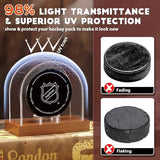 JupDec Hockey Puck and Collectibles Display Case, Premium Acrylic Clear Box Puck Holder with Mahogany Wood Base, Showcase for Autographed Souvenir Memorabilia, Collectible Figure Stand