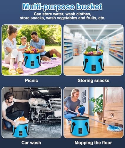 WADEO Portable Shower for Camping, Outdoor Electric Shower Rechargeable Pump with 20L Collapsible Bucket, Camping Shower Head Nozzle for Camping, Hiking, Traveling, Washing