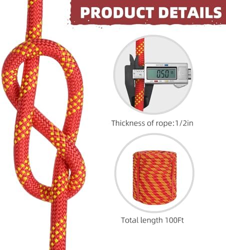 1/2 Inch Climbing Rope 150 Ft Red - 48 Strands Tree Climbing,1/2in Arborist Rope,Rappelling Rope,Static Nylon Polyester Braided Rope,Bull Rope for Tree Pulling,Nautical Rigging Rope Swing