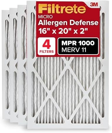 Filtrete 16x20x2 AC Furnace Air Filter, MERV 11, MPR 1000, Allergen Defense, 3-Month Pleated 2-Inch Electrostatic Air Cleaning Filter, 4 Pack (actual size 15.5 x 19.5 x 1.75 in)
