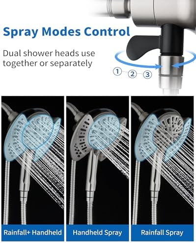 2-in-1 Shower Head With Handheld Combo: 2.5GPM Rainfall & Detachable Use Together or Alone, 9 Spray Settings Hand Held With Hose, Nickel