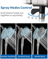 2-in-1 Shower Head With Handheld Combo: 2.5GPM Rainfall & Detachable Use Together or Alone, 9 Spray Settings Hand Held With Hose, Nickel