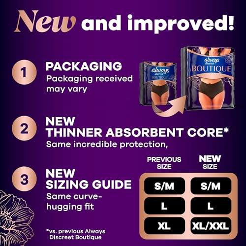 Always Discreet Boutique Incontinence and Postpartum Underwear for Women, Maximum Protection, Small/Medium, Black, 20 Count