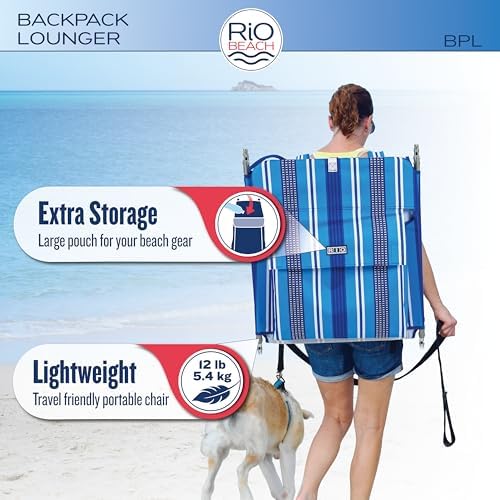 Rio Beach Portable Lay Flat Folding Backpack Beach Lounge Chair with Backpack Straps and Storage Pouch, Blue and Red
