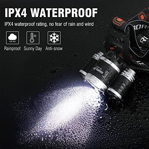 BORUIT RJ-3000 Rechargeabe LED Headlamp Super Bright with Red Light, 3 Modes Super Bright USB Head Lamp IPX4 Waterproof Headlight for Adults USB Outdoor Fishing Camping