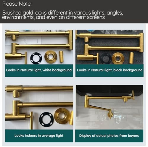 WOWOW Pot Filler Faucet Brushed Gold, Solid Brass Pot Filler Wall Mount Kitchen Stove Faucet with Double Joint Swing Arms