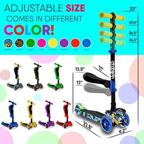 Hurtle 3-Wheeled Scooter for Kids - Wheel LED Lights, Adjustable Lean-to-Steer Handlebar, and Foldable Seat - Sit or Stand Ride with Brake for Boys and Girls Ages 1-14 Years Old