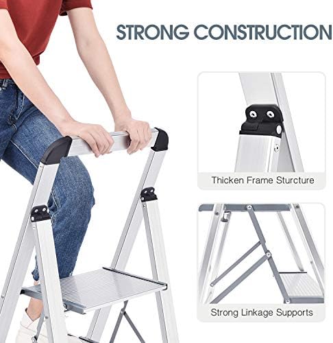 KINGRACK Aluminium 2 Step Ladder, Lightweight Step Stool with Non-Slip Pedals, Handrail, 330LBS Foldable Step Ladder for Kitchen, Garage, Home, Space Saving, Sturdy and Portable, Silver