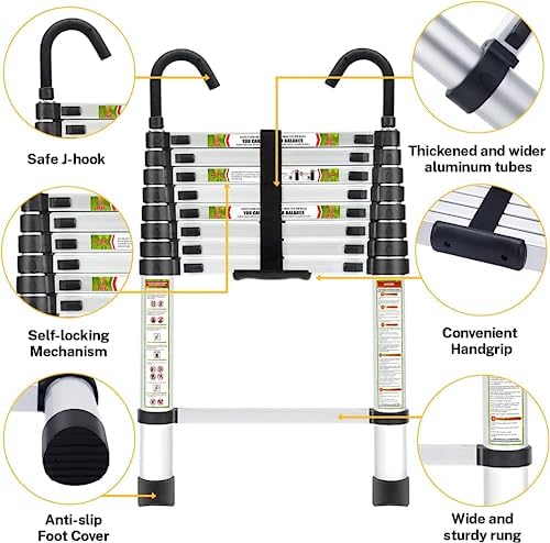 Telescopic Ladder, 16.5FT Aluminum Telescoping Ladder with Stable Hook and Non-Slip Feet, RIKADE Portable Extension Ladder for Household and Outdoor Working, 330lb Capacity