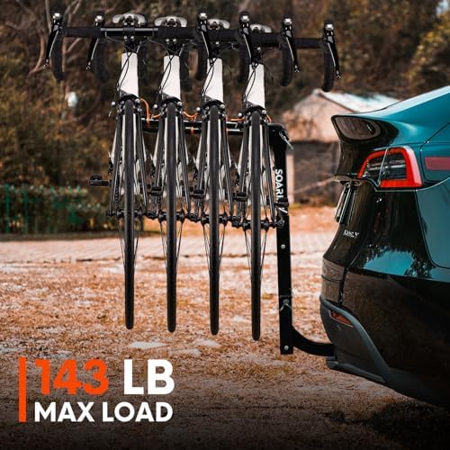 Hitch Bike Rack Mounts on Car, SUV, RV, 2" Hitch Receiver, 4 Bike Capacity, 143 lbs Load, Tilt Release, Rubber Straps