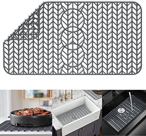 AWOKE Sink Protectors for Kitchen Sink - 29"x 15.35" Sink Mat - Heat-resistant Easy-clean Silicone Sink Mat - for Protection of Stainless Steel Sink - with 3 Reserved Holes (Grey)
