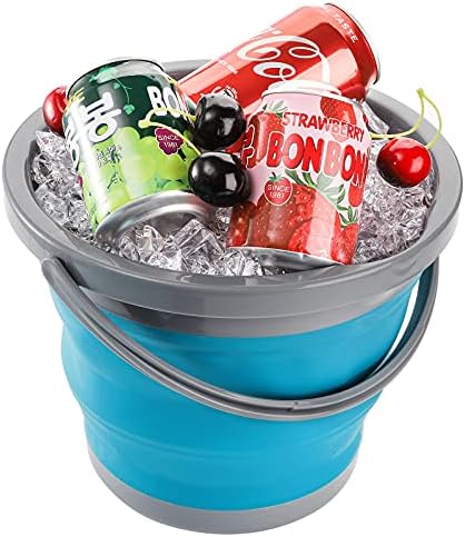 Bekith 2 Pack Collapsible Plastic Bucket with Locking Lid, 5L / 1.32 Gallon Foldable Round Tub Portable Fishing Water Pail for Hiking, Backpacking, Camping and Outdoor Survival (Blue, Gray)