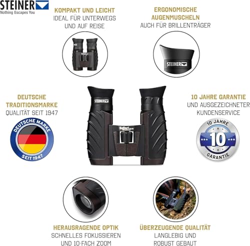 Steiner Safari UltraSharp 10 x 26 Binoculars, Compact, Large Magnification, Robust, Waterproof, Ideal for Travel, Hiking, Concerts, Sports and Nature Observation