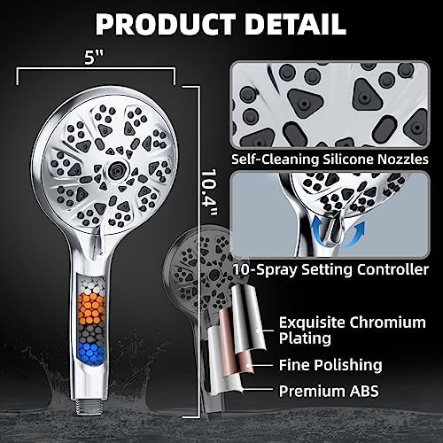 5"Filtered Shower Head with Handheld, High Pressure 10 Spray Settings, 59"Stainless Steel Shower Hose&360° Adjustable Bracket, Quadruple Filtration Design to Improve Water Quality & Bathing Healthier