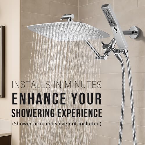G-Promise All Metal 12 Inch Dual Shower Head with Handheld Combo, Rain Shower Head, Adjustable Extension Arm, Smooth 3-Way Diverter, 71 Inch Extra Long Hose - A Bathroom Upgrade (Chrome)