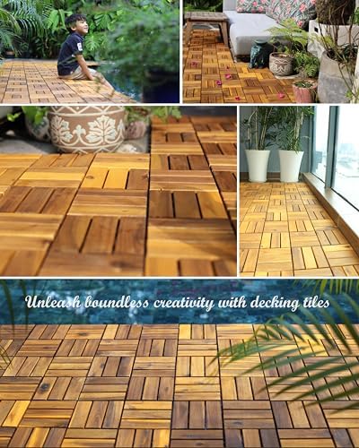 Pack of 10 Deck Tiles - 12"x12" Interlocking Natural Solid Acacia Wood for Outdoor & Indoor, Patio Garden, Balcony, Poolside - Natural Color
