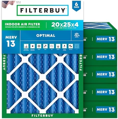 Filterbuy 20x25x4 Air Filter MERV 13 Optimal Defense (6-Pack), Pleated HVAC AC Furnace Air Filters Replacement (Actual Size: 19.50 x 24.50 x 3.63 Inches)