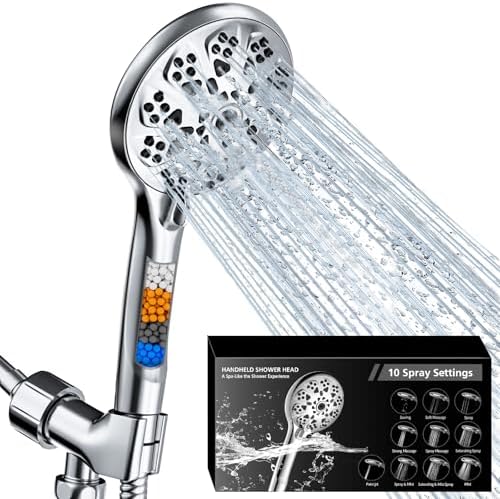 5"Filtered Shower Head with Handheld, High Pressure 10 Spray Settings, 59"Stainless Steel Shower Hose&360° Adjustable Bracket, Quadruple Filtration Design to Improve Water Quality & Bathing Healthier