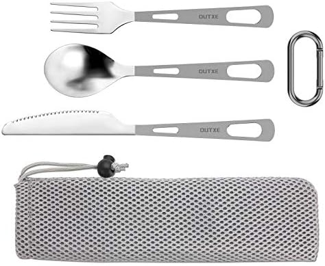 OUTXE Titanium Flatware Polished Knife Fork Spoon Set Lightweight Ti Camping Utility Cutlery Set with Carrying Bag for Traveling Picnic Hiking