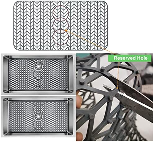 AWOKE Sink Protectors for Kitchen Sink - 24"x 12.5" Sink Mat - Heat resistant Easy-clean Silicone Sink Mat - for Protection of Stainless Steel Sink - with 3 Reserved Holes (Grey)