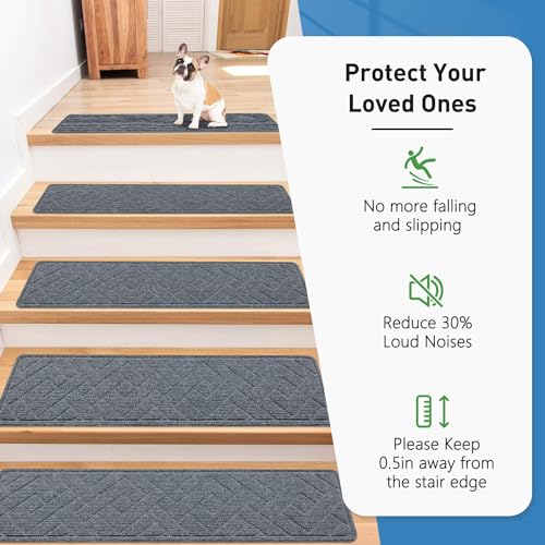Non Slip Stair Treads for Wooden Steps,15 Pack 8" X 30" Stairs Carpet Treads Indoor with Reusable Peel and Stick Adhesive for Kids Elders and Pets