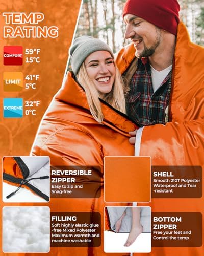 Ohuhu Double Sleeping Bag for Adults with 2 Pillows, Queen Size Two Person Sleeping Bag for Camping Hiking Backpacking 2 Person Sleeping Bags for Cold Weather & Warm